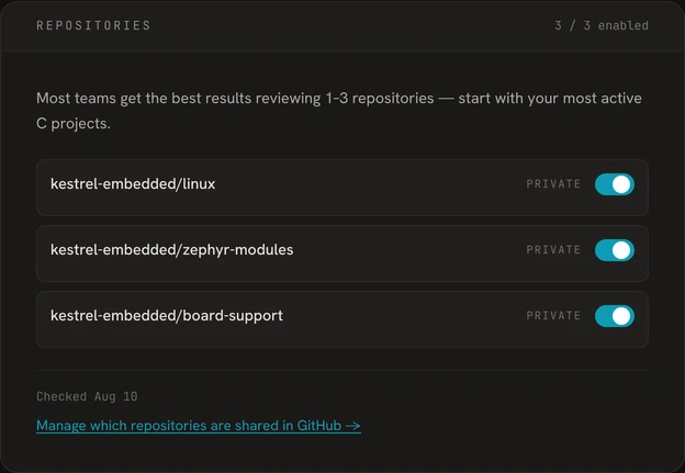 The workspace console repositories card showing a connected private repository with reviews enabled